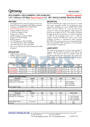 SPS-33100BWG datasheet - 3.3V / 1550 nm / 155 Mbps Digital Diagnostic LC SFP SINGLE-MODE TRANSCEIVER