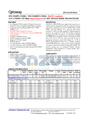 SPS-33100BW-CXX0G datasheet - 3.3V / CWDM / 155 Mbps Digital Diagnostic LC SFP SINGLE-MODE TRANSCEIVER