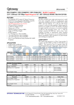 SPS-33100BWG datasheet - 3.3V / 1550 nm / 155 Mbps Digital Diagnostic LC SFP SINGLE-MODE TRANSCEIVER