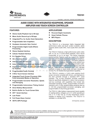 TSC2101IRGZR datasheet - AUDIO CODEC WITH INTERATED HEADPHONE SPEAKER AMPLIFIER AND TOUCH SCREEN CONTROLLER