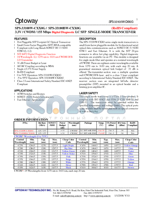 SPS-33100W-CXX0G datasheet - 3.3V / CWDM/ 155 Mbps Digital Diagnostic LC SFP SINGLE-MODE TRANSCEIVER