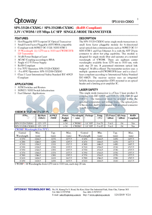 SPS-33120-CXX0G datasheet - 3.3V / CWDM / 155 Mbps LC SFP SINGLE-MODE TRANSCEIVER