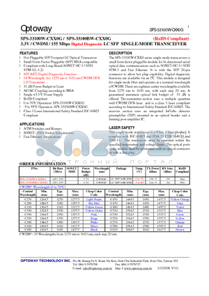 SPS-33100W-CXX0G_08 datasheet - 3.3V / CWDM/ 155 Mbps Digital Diagnostic LC SFP SINGLE-MODE TRANSCEIVER