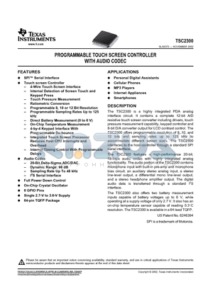 TSC2300IPAG datasheet - PROGRAMMABLE TOUCH SCREEN CONTROLLER WITH AUDIO CODEC