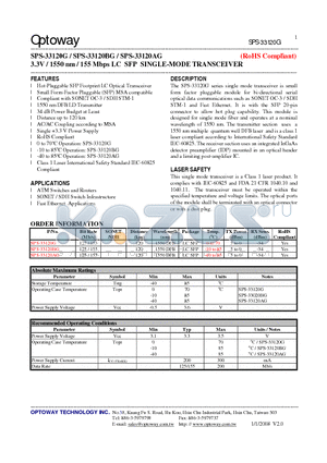 SPS-33120AG datasheet - 3.3V / 1550 nm / 155 Mbps LC SFP SINGLE-MODE TRANSCEIVER