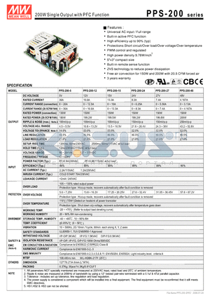 PPS-200-15 datasheet - 200W Single Output with PFC Function