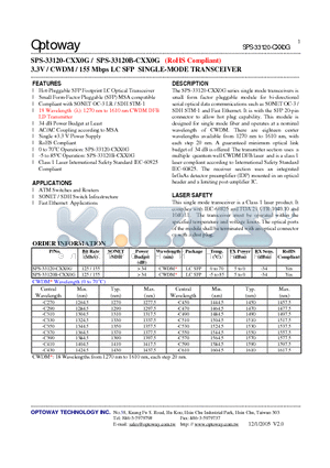 SPS-33120B-CXX0G datasheet - 3.3V / CWDM / 155 Mbps LC SFP SINGLE-MODE TRANSCEIVER