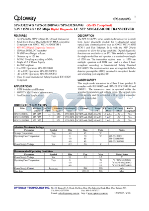 SPS-33120BWG datasheet - 3.3V / 1550 nm / 155 Mbps Digital Diagnostic LC SFP SINGLE-MODE TRANSCEIVER