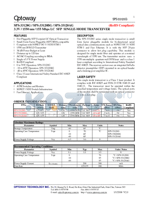 SPS-33120G datasheet - 3.3V / 1550 nm / 155 Mbps LC SFP SINGLE-MODE TRANSCEIVER