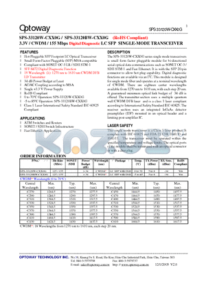 SPS-33120W-CXX0G datasheet - 3.3V / CWDM / 155 Mbps Digital Diagnostic LC SFP SINGLE-MODE TRANSCEIVER