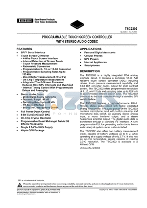 TSC2302IRGZ datasheet - PROGRAMMABLE TOUCH SCREEN CONTROLLER WITH STEREO AUDIO CODEC