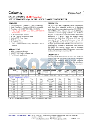 SPS-33160-C350G datasheet - 3.3V / CWDM / 155 Mbps LC SFP SINGLE-MODE TRANSCEIVER4