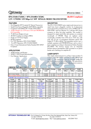 SPS-33160-CXX0G datasheet - 3.3V / CWDM / 155 Mbps LC SFP SINGLE-MODE TRANSCEIVER