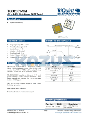 TGS2351-SM datasheet - DC  6 GHz High Power SPDT Switch