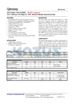 SPS-33160BG datasheet - 3.3V / 1550 nm / 155 Mbps LC SFP SINGLE-MODE TRANSCEIVER