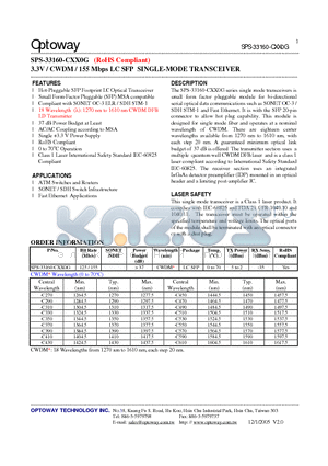 SPS-33160-CXX0G datasheet - 3.3V / CWDM / 155 Mbps LC SFP SINGLE-MODE TRANSCEIVER4