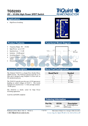 TGS2353 datasheet - DC  18 GHz High Power SPDT Switch