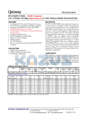 SPS-33160W-CXX0G datasheet - 3.3V / CWDM / 155 Mbps Digital Diagnostic LC SFP SINGLE-MODE TRANSCEIVER