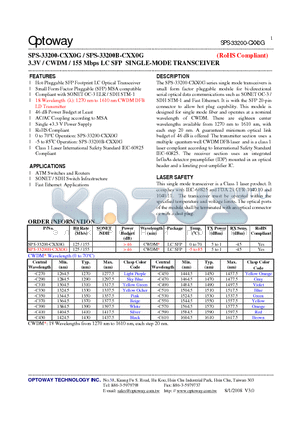 SPS-33200-CXX0G datasheet - 3.3V / CWDM / 155 Mbps LC SFP SINGLE-MODE TRANSCEIVER