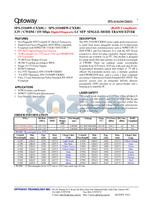 SPS-33160W-CXX0G datasheet - 3.3V / CWDM / 155 Mbps Digital Diagnostic LC SFP SINGLE-MODE TRANSCEIVER