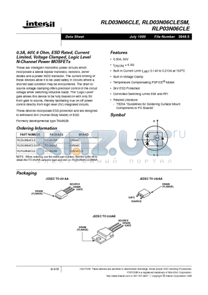 RLD03N06CLE datasheet - 0.3A, 60V, 6 Ohm, ESD Rated, Current Limited, Voltage Clamped, Logic Level N-Channel Power MOSFETs