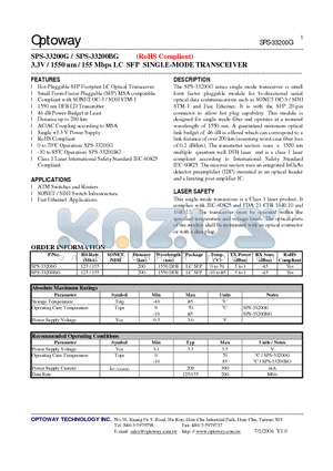 SPS-33200G datasheet - 3.3V / 1550 nm / 155 Mbps LC SFP SINGLE-MODE TRANSCEIVER