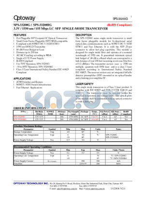 SPS-33200G_08 datasheet - 3.3V / 1550 nm / 155 Mbps LC SFP SINGLE-MODE TRANSCEIVER