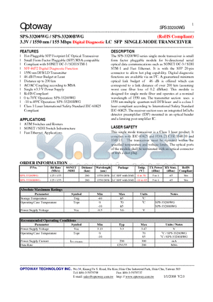 SPS-33200WG datasheet - 3.3V / 1550 nm / 155 Mbps Digital Diagnostic LC SFP SINGLE-MODE TRANSCEIVER