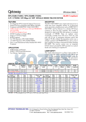 SPS-33240-CXX0G datasheet - 3.3V / CWDM / 155 Mbps LC SFP SINGLE-MODE TRANSCEIVER