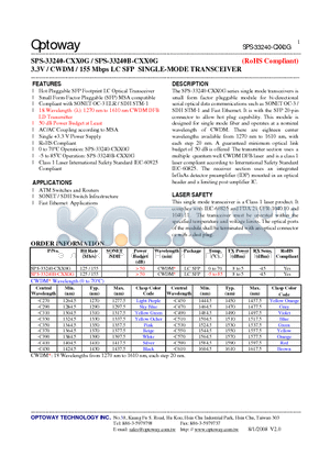 SPS-33240B-CXX0G datasheet - 3.3V / CWDM / 155 Mbps LC SFP SINGLE-MODE TRANSCEIVER