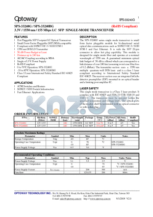 SPS-33240BG datasheet - 3.3V / 1550 nm / 155 Mbps LC SFP SINGLE-MODE TRANSCEIVER