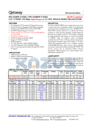 SPS-33240BW-CXX0G datasheet - 3.3V / CWDM / 155 Mbps Digital Diagnostic LC SFP SINGLE-MODE TRANSCEIVER