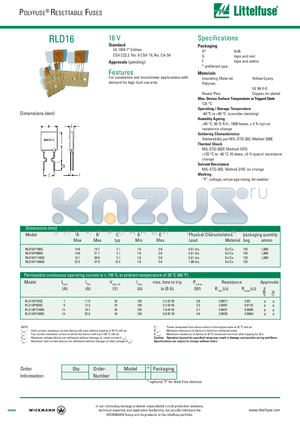 RLD16P700G datasheet - For automotive and transformer applications with demand for high hold currents