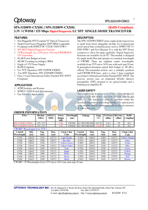 SPS-33200BW-CXX0G datasheet - 3.3V / CWDM / 155 Mbps Digital Diagnostic LC SFP SINGLE-MODE TRANSCEIVER