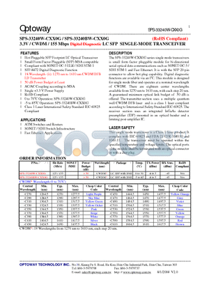 SPS-33240W-CXX0G datasheet - 3.3V / CWDM / 155 Mbps Digital Diagnostic LC SFP SINGLE-MODE TRANSCEIVER