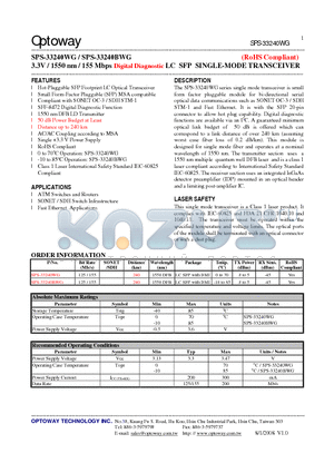 SPS-33240WG datasheet - 3.3V / 1550 nm / 155 Mbps Digital Diagnostic LC SFP SINGLE-MODE TRANSCEIVER