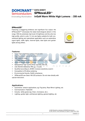 NPF-TSD-AC datasheet - SPNovaLED InGaN Warm White High Lumens : 350 mA