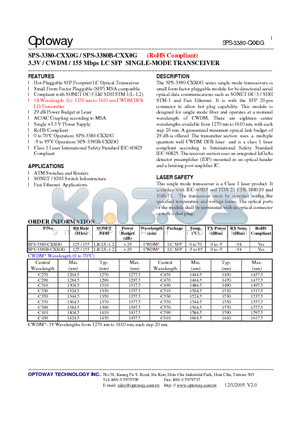 SPS-3380B-CXX0G datasheet - 3.3V / CWDM / 155 Mbps LC SFP SINGLE-MODE TRANSCEIVER