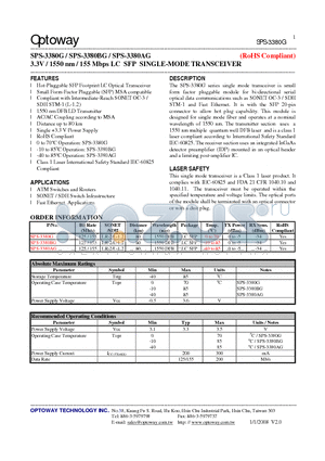 SPS-3380BG datasheet - 3.3V / 1550 nm / 155 Mbps LC SFP SINGLE-MODE TRANSCEIVER