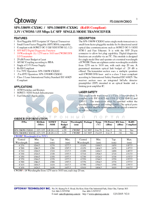 SPS-3380BW-CXX0G datasheet - 3.3V / CWDM / 155 Mbps LC SFP SINGLE-MODE TRANSCEIVER