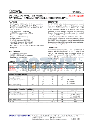 SPS-3380G datasheet - 3.3V / 1550 nm / 155 Mbps LC SFP SINGLE-MODE TRANSCEIVER