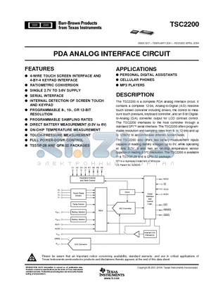 TSC2200 datasheet - PDA ANALOG INTERFACE CIRCUIT