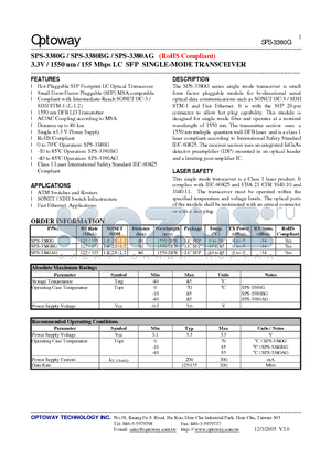 SPS-3380G datasheet - 3.3V / 1550 nm / 155 Mbps LC SFP SINGLE-MODE TRANSCEIVER