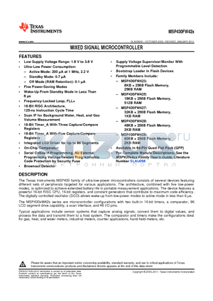 MSP430FW423IPMR datasheet - MIXED SIGNAL MICROCONTROLLER