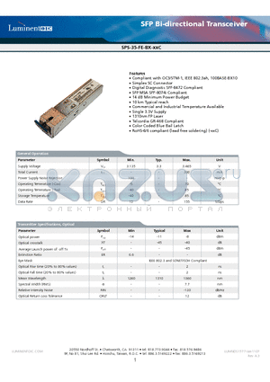 SPS-35-FE-BX-CDC datasheet - SFP Bi-directional Transceiver