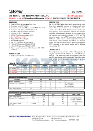 SPS-4110BWG datasheet - 8.5 Gb/s / 10 km / 1310 nm Digital Diagnostic SFP LC SINGLE-MODE TRANSCEIVER