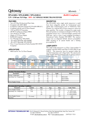 SPS-4140AG datasheet - 3.3V / 1310 nm / 8.5 Gbps SFP LC SINGLE-MODE TRANSCEIVER