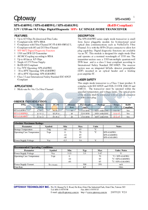 SPS-4140WG datasheet - 3.3V / 1310 nm / 8.5 Gbps Digital Diagnostic SFP LC SINGLE-MODE TRANSCEIVER