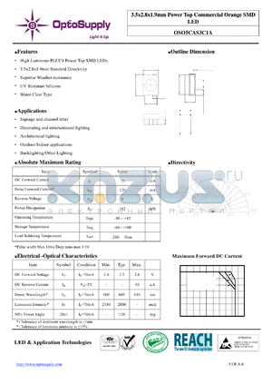 OSO5CAS3C1A datasheet - 3.5x2.8x1.9mm Power Top Commercial Orange SMD