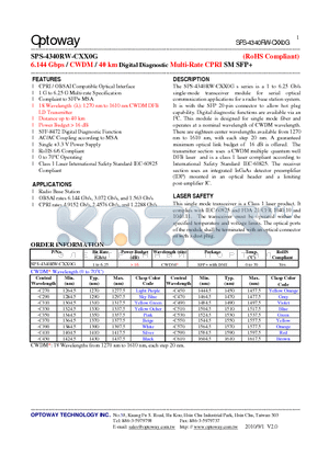 SPS-4340RW-CXX0G datasheet - 6.144 Gbps / CWDM / 40 km Digital Diagnostic Multi-Rate CPRI SMSFP